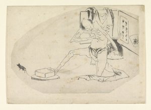 Homme en pagne, une boîte et une souris - Katsushika Hokusai