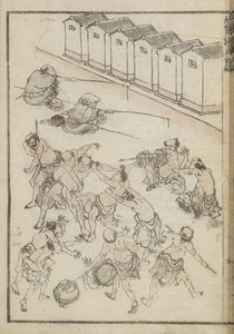 Hommes luttant et pêchant (gravure sur bois) - Katsushika Hokusai