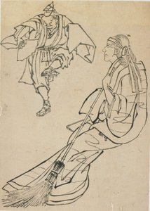 Vieille femme assise sur un banc devant qui un homme avec un éventail danse, fin du XVIIIe-début du XIXe siècle - Katsushika Hokusai