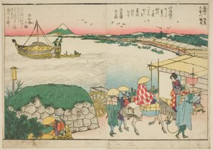 Pages du livre illustré "Vues panoramiques le long des rives de la rivière Sumida (Ehon Sumidagawa ryogan ichiran)" - Katsushika Hokusai