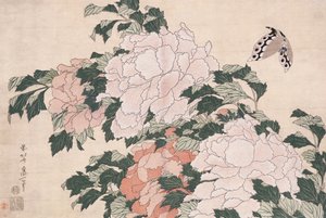Pivoines roses et rouges soufflées à gauche dans une brise et un papillon - Katsushika Hokusai