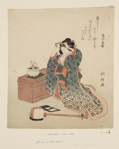 Joueuse de shamisen ajustant ses cheveux
