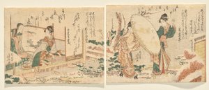 Matin enneigé : Deux femmes marchent dans un jardin enneigé avec des geta de neige et un parapluie ; L : Jeune femme jouant du koto et regardant sa mère - Katsushika Hokusai