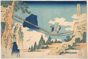 Le pont suspendu à la frontière entre les provinces de Hida et d’Etchū (Hietsu no sakai tsuribashi), tiré de la série « Vues remarquables de ponts dans diverses provinces » (Shokoku meikyō kiran) - Katsushika Hokusai