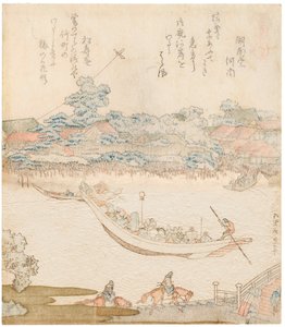Les rives de la rivière Sumida, Komatomeishi. Triptyque de la série Umazukushi, partie centrale - Katsushika Hokusai