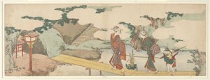 Deux femmes et un garçon sur la promenade - Katsushika Hokusai