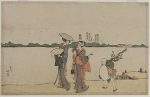 Femmes et enfants marchant le long de la rivière Sumida - Katsushika Hokusai