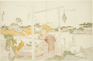 Femmes sur une véranda étendant du tissu pour sécher - Katsushika Hokusai