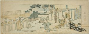 Femmes sous la véranda regardant une fille cueillant des fleurs - Katsushika Hokusai