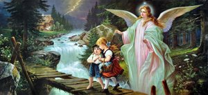 Un ange gardien protège deux enfants traversant une rivière sur un vieux pont en bois, début du 20e siècle