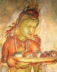 Apsaras, nymphe céleste offrant des fleurs, fresque, citadelle fortifiée de Sigiriya (Liste du patrimoine mondial de l