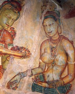 Apsaras, nymphe céleste offrant des fleurs, fresque, citadelle fortifiée de Sigiriya (Liste du patrimoine mondial de l