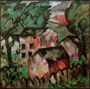 Paysage avec trois maisons rouges