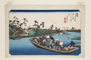 N° 3, Station de Warabi : Traversée de la rivière Toda (estampe sur bois en couleur) - Keisai Eisen