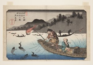 No. 55, Kōdo : Bateaux de pêche au cormoran sur la rivière Nagae - Keisai Eisen