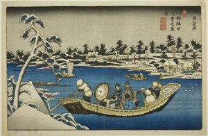 Vue lointaine de la neige sur la rivière Sumida à Edo - Keisai Eisen