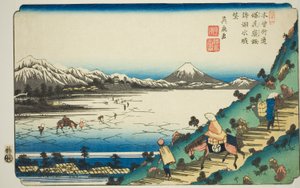 No. 31 : Vue du lac Suwa depuis le col de Shiojiri (Sanjuichi : Shiojiri toge Suwa no kosui chobo), de la série "[Soixante-neuf stations du] Kisokaido" - Keisai Eisen