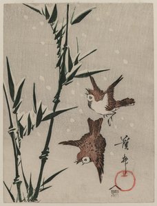 Moineaux, bambou et neige tombante - Keisai Eisen
