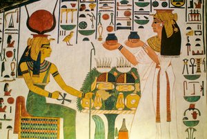 Tombe de Néfertari; Néfertari offre du vin à un groupe de divinités; Égypte, Vallée des... - Kenneth Garrett