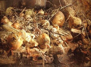 Nature morte avec oignons, champignons et épis de maïs