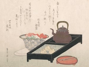 Ustensiles pour le thé et un bol à gâteau - Kikugawa Eizan