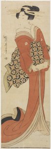 (Femme tenant un rouleau de papier) - Kikukawa Eizan