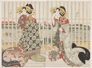 Les courtisanes Hinaya et Karauta derrière la fenêtre grillagée de la maison Chojiya près de la rivière Sumida pendant la saison des cerisiers en fleurs - Kikukawa Eizan