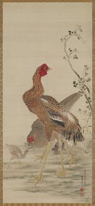 Coq, poule et poussins, période Edo - Kishi Ganku