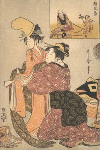 Une femme habillant une fille pour la danse Kabuki « Musume Dojoji », vers 1795-96