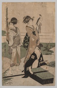 Daimyō et sa suite traversant un ruisseau dans une plaine près du Fuji - Kitagawa Utamaro