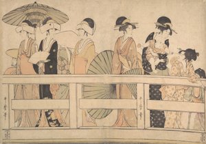 Profiter de la brise fraîche du soir sur le pont - Kitagawa Utamaro
