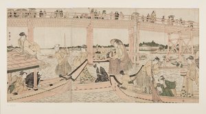 Bateaux de pêche avec filets sous le pont Ryōgoku - Kitagawa Utamaro