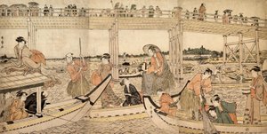 Bateaux de pêche avec filets sous le pont de Ryogoku - Kitagawa Utamaro