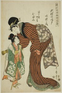 Oyumi, la femme de Ginjuro, de la pièce "Whirlpools of Awa" (Awa no naruto, Ginjuro nyobo Oyumi), de la série "Bamboo Nodes in Puppet Theater Designs (Ayatsuri moyo take no hitofushi)". - Kitagawa Utamaro