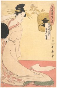« Hanazuma de Hyōgoya, Kenbishi de Sakagami », extrait de la série « Les grands noms du saké comparés à des personnalités éminentes des six maisons » (Natori zake rokkasen : Hyōgoya Hanazuma, Sakagami no Kenbishi)
