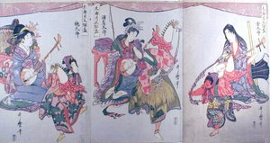 Kintaro, Urashimataro et Momotaro, du triptyque "Ensemble de trois coupes à saké pour le premier mois (Tarozuki mitsugumi sakazuki)" - Kitagawa Utamaro