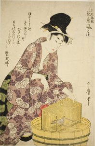 Murasaki Shikibu : Oiseau, de la série "Femmes célèbres et leurs poèmes sur les fleurs, les oiseaux, le vent et la lune (Meifu eika kacho fugetsu)" - Kitagawa Utamaro