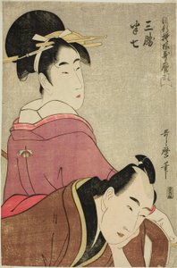 Sankatsu et Hanshichi, de la série "Motifs à la mode dans le style Utamaro (Ryuko moyo Utamaro-gata)"