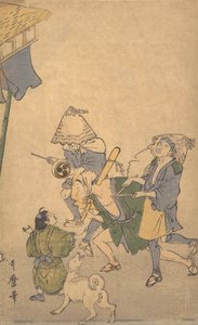 Trois fêtards des classes inférieures, portant des chapeaux Komuso..., fin 18e-début 19e siècle - Kitagawa Utamaro