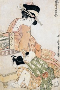 Deux enfants regardant dans une grande boîte optique - Kitagawa Utamaro