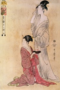 Femme à sa toilette aidée par sa servante. Estampe japonaise par Utamaro Kitagawa (1753-1806). XVIIIe siècle. Paris, Musée Guimet, Musée des Arts Asiatiques