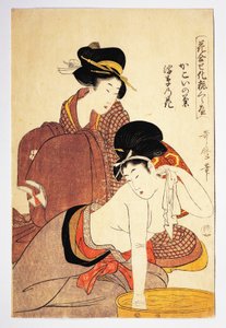 Femme se lavant, vers 1803, illustration de Kitagawa Utamaro, extrait de Hana Awase Kesho Kurabe, Aiban-tate-e, civilisation japonaise, période Edo