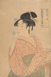Jeune femme soufflant dans un bruiteur en verre Popen..., vers 1792-93 - Kitagawa Utamaro