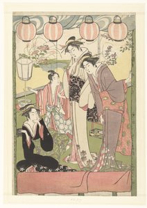Trois femmes et un garçon sous des lanternes - Kitao Masanobu (attributed to)