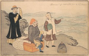 Groupe de trois hommes chinois sur une falaise au bord de la mer, 1789 - Kitao Masayoshi