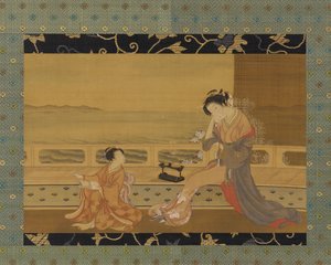 Deux filles sur un balcon surplombant la mer, période Edo, 1739-1820 - Kitao Shigemasa