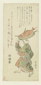 Femme portant un plateau de poissons sur la tête - Kitao Shigemasa