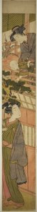 Femmes tenant un garçon tendant la main à un jeune homme en bas - Kitao Shigemasa