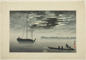 Clair de lune à travers les nuages sur la côte de Haneda - Kiyochika Kobayashi