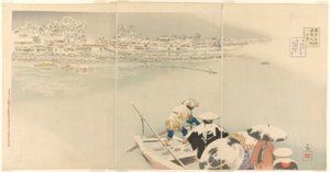 Deuxième mois : Colline de Matsuchi sous la neige au crépuscule (Kisaragi, Matsuchiyama yuki no tasogare), de la série Vraies vues des lieux célèbres de Tokyo (Tokyo meisho shinkei no uchi) - Kiyochika Kobayashi